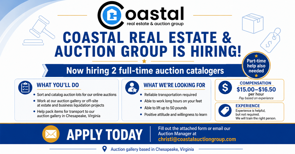 Coastal Real Estate and Auction Group hiring auction catalogers in Chesapeake, Virginia, with full-time and part-time opportunities available.